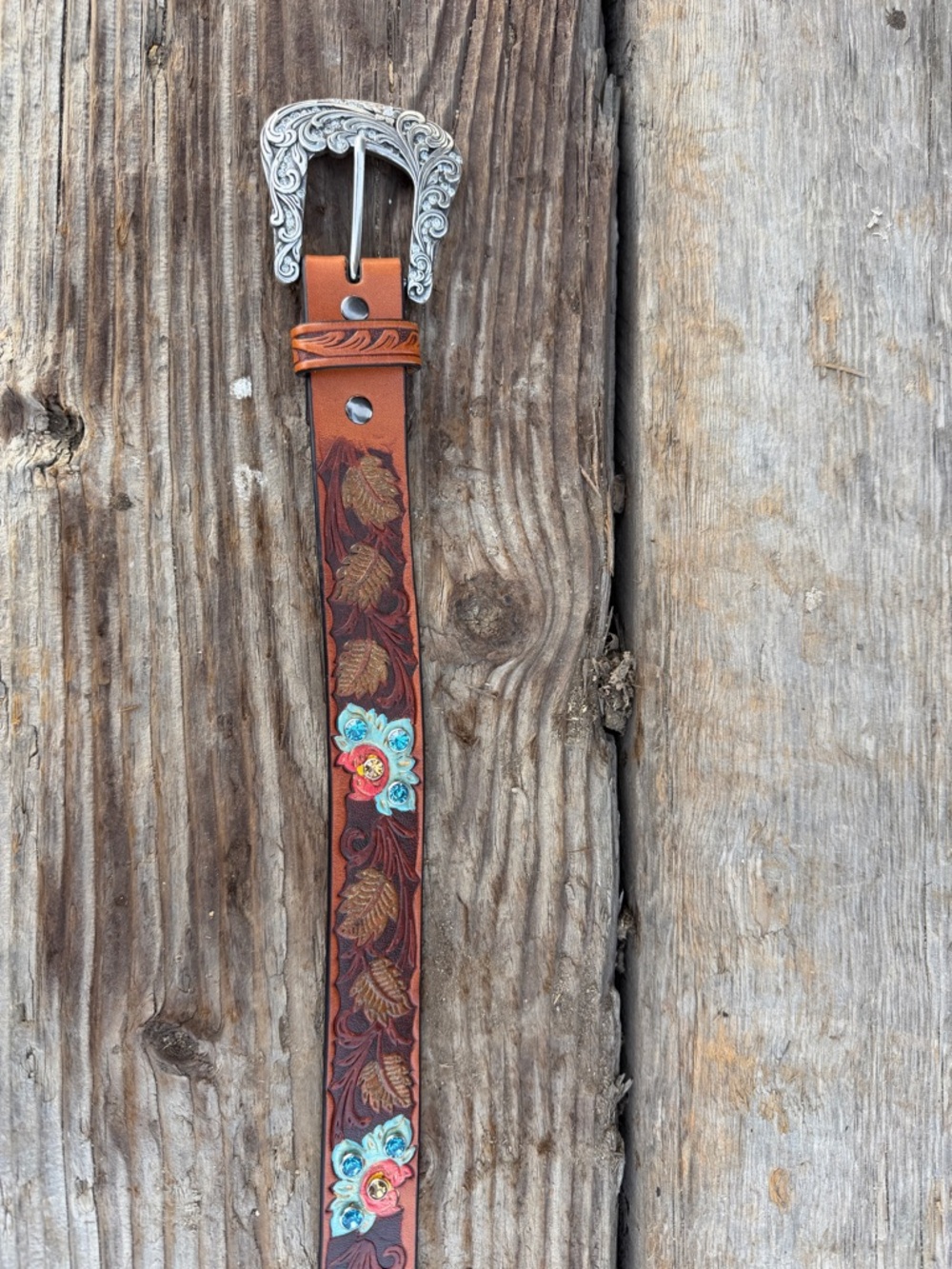 Ariat Tooled and Painted Leather Floral Belt with Turquoise & Amber Rhinestones - Picture 4 of 4